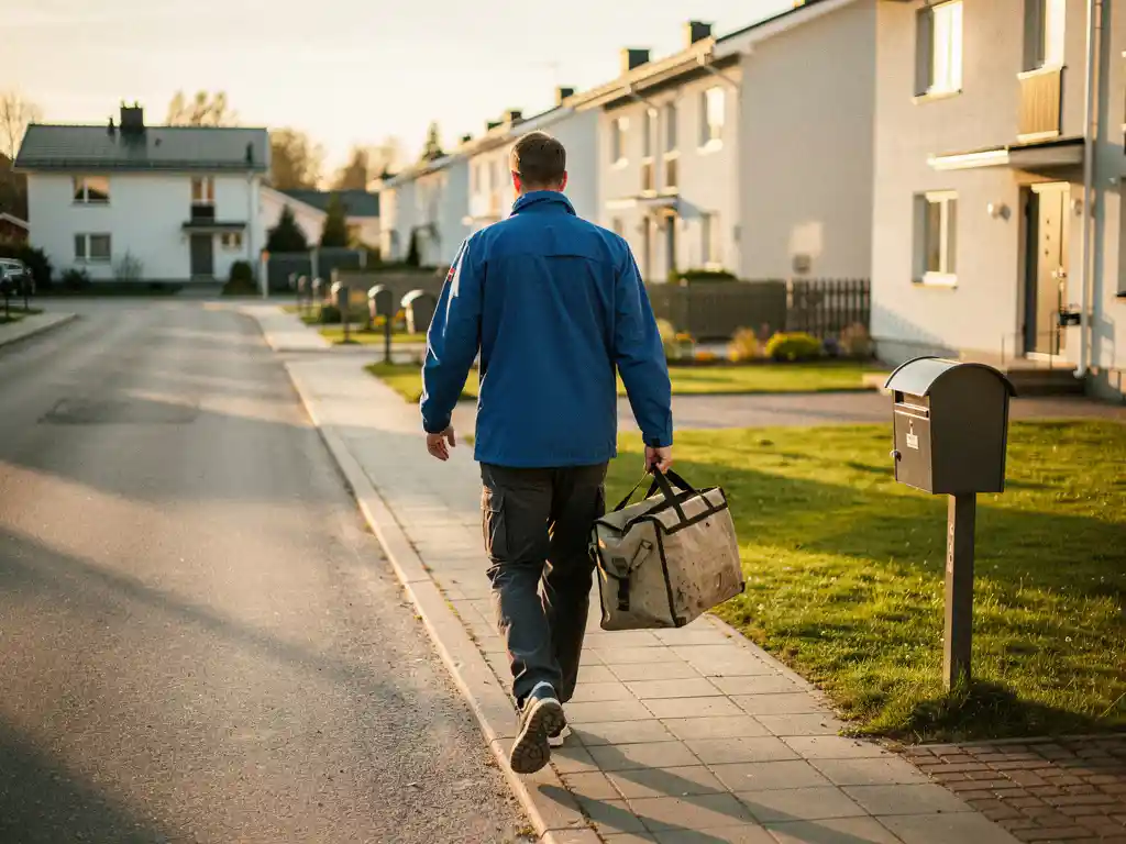 Siniseen takkiin pukeutunut lähetti kävelee asuinalueella kantaen kangaskassia, suomalaiset omakotitalot ja postilaatikot taustalla