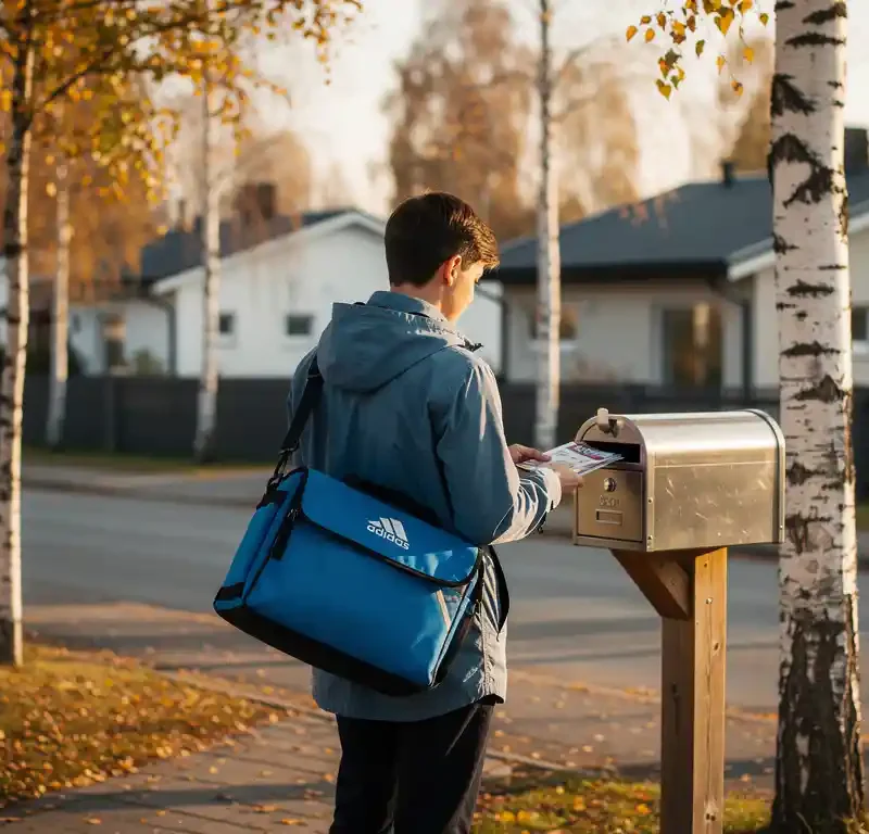 Nuori henkilö sinisessä takissa jakaa lehtisiä postilaatikkoon suomalaisella lähiökadulla koivujen ja kultaisen syysvalon ympäröimänä.
