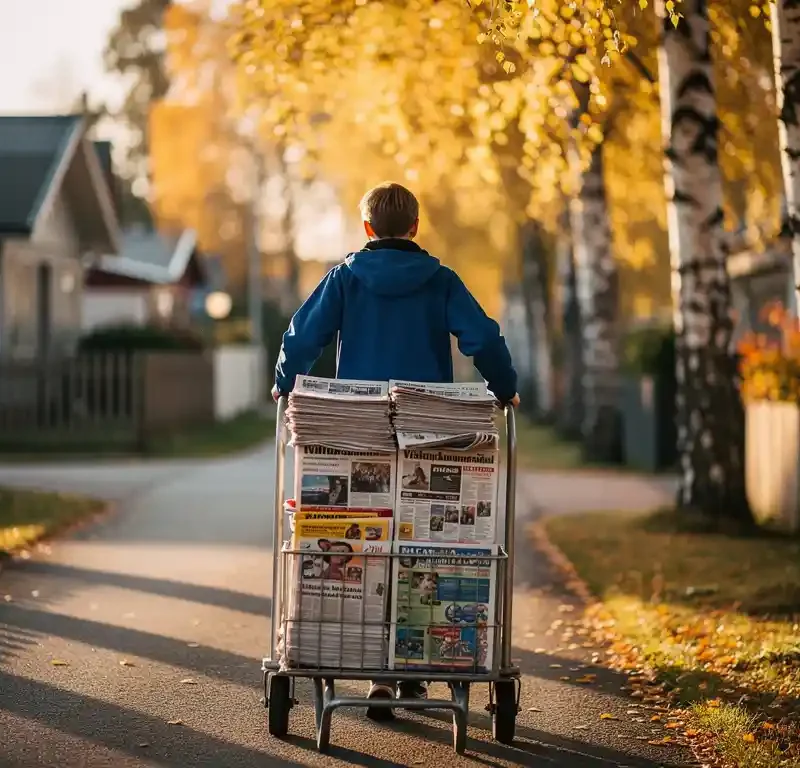 Nuori henkilö sinisessä takissa työntää sanomalehtikärryä hiljaisella suomalaisella asuinalueella syksyisten koivujen reunustamalla tiellä aamun kultaisessa valossa.