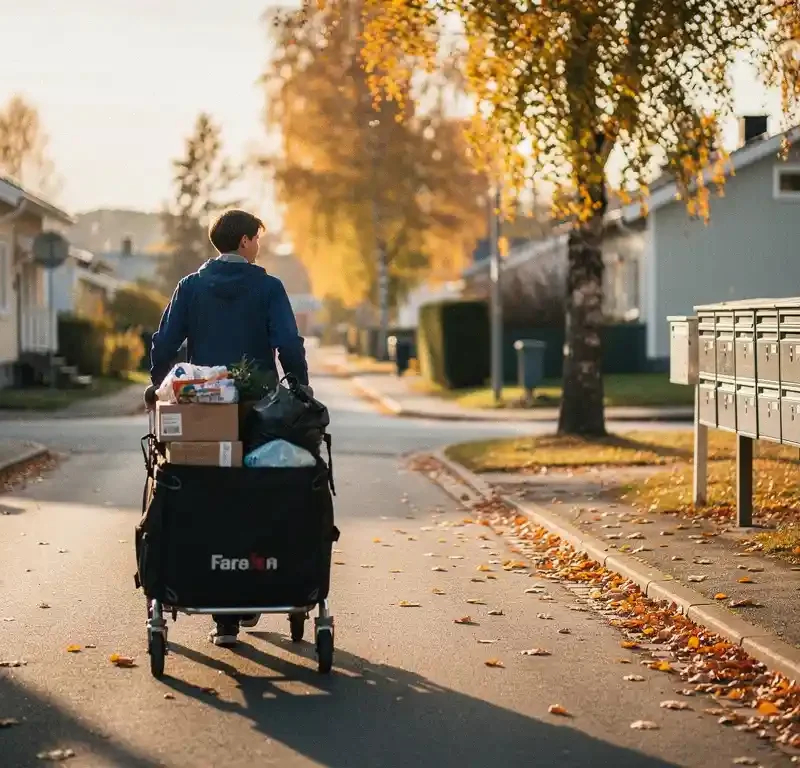 Nuori henkilö sinisessä takissa työntää täyttä jakelukärryä hiljaisella suomalaisella asuinalueella syksyisenä aamuna, postilaatikkorivit taustalla.