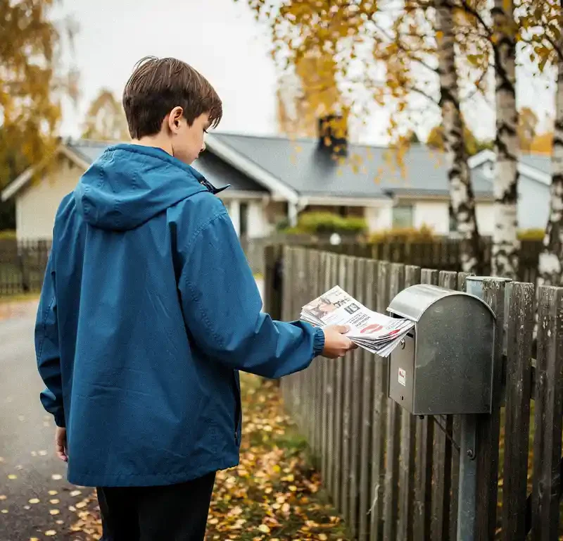 Nuori henkilö sinisessä takissa jakaa flyereita postilaatikkoon hiljaisella suomalaisella asuinalueella syksyisten koivujen reunustamalla tiellä.