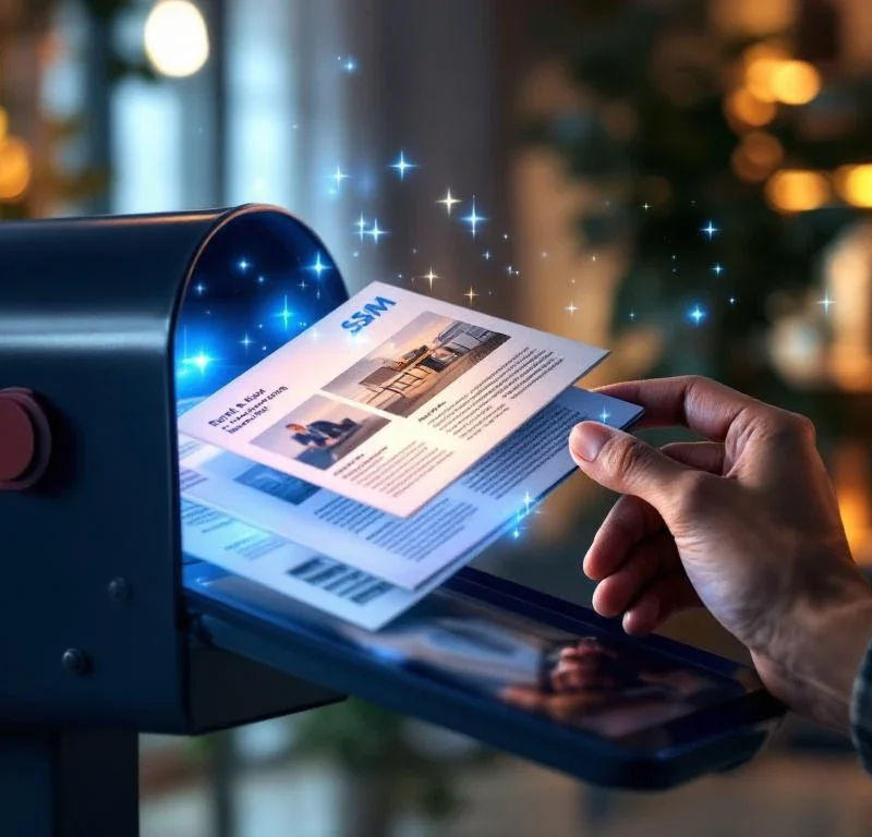 Postilaatikko avautuu paljastaen sekä perinteisiä painettuja posteja että tabletin digitaalista sisältöä SSM:n brändiväreissä, käsi kurottaa molempiin markkinointimuotoihin.