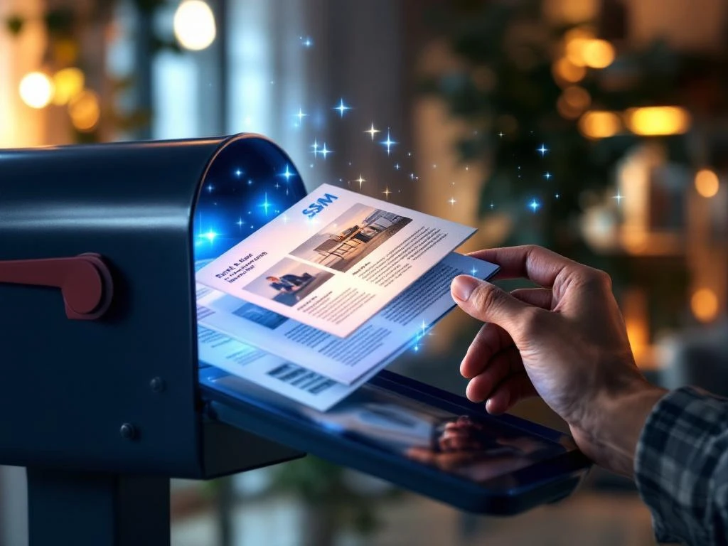 Postilaatikko avautuu paljastaen sekä perinteisiä painettuja posteja että tabletin digitaalista sisältöä SSM:n brändiväreissä, käsi kurottaa molempiin markkinointimuotoihin.