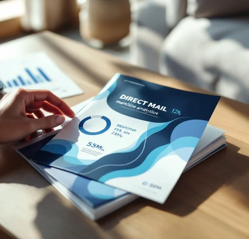 Käsi kurottaa tyylikkääseen sinisävyiseen mainosesitteeseen modernilla sohvapöydällä. Taustalla näkyy markkinointitilastoja ja luonnonvaloa.