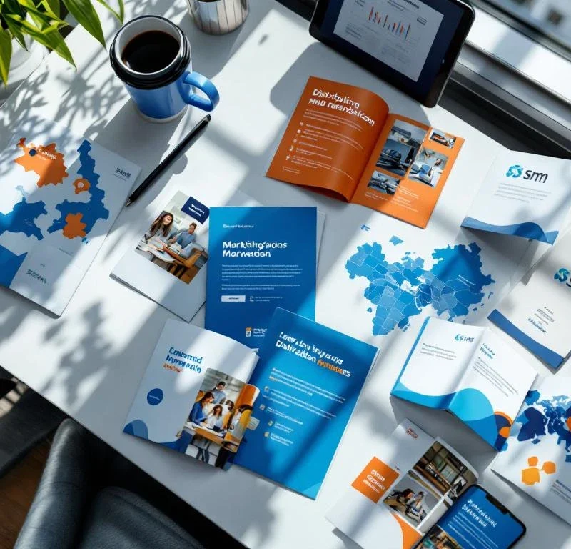 Suoramainontakampanjan materiaalit SSM:n brändiväreissä työpöydällä: esitteitä, mainoksia, jakelukartta ja tabletti analytiikalla. Ammattimainen sommittelu luonnonvalossa.