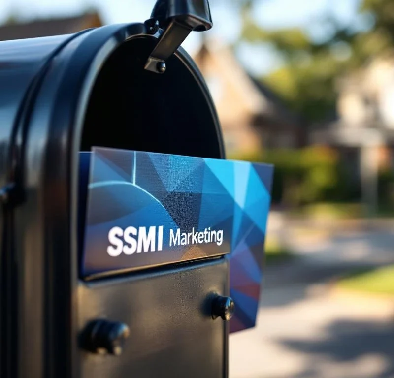 Värikäs SSM-suoramainos sinisillä brändiväreillä osittain modernissa postilaatikossa, taustalla asuinalue. Auringonvalo korostaa kiiltäviä pintoja.