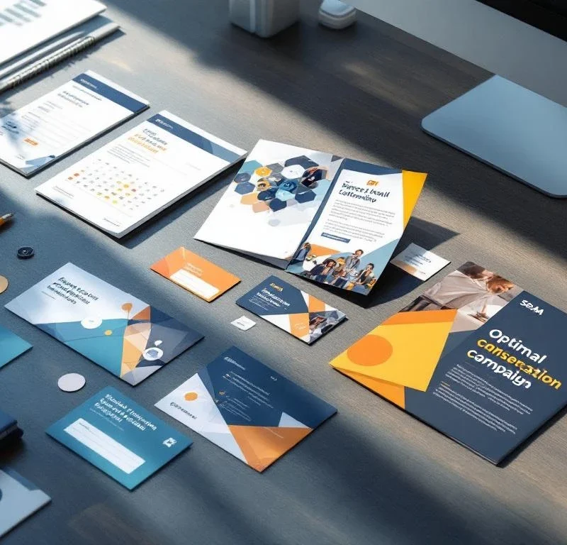 Ammattimainen työpöytä, jolla suoramarkkinointimateriaalit aikajanan muodossa. Värikkäät esitteet SSM:n sinisävyissä, luonnollinen valaistus korostaa kampanja-aikataulua.