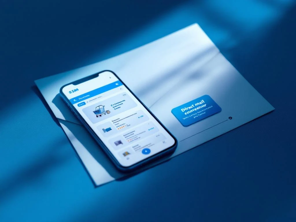 Älypuhelin näyttää verkkokaupan ostoskoria ammattimaisen suoramarkkinointikirjasen vieressä, korostettuna SSM:n tumman- ja vaaleansinisillä brändiväreillä.