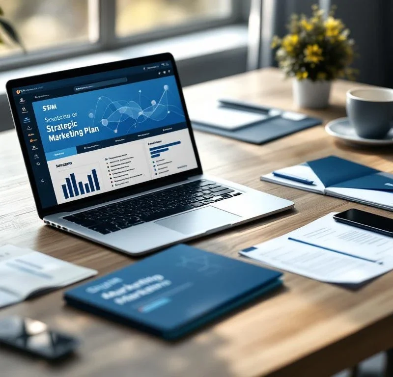 Ammattimainen työpöytä, jossa kannettava tietokone näyttää markkinointidashboardia sinisten suoramarkkinointimateriaalien vieressä, yhdistettynä strategisella markkinointisuunnitelmalla.