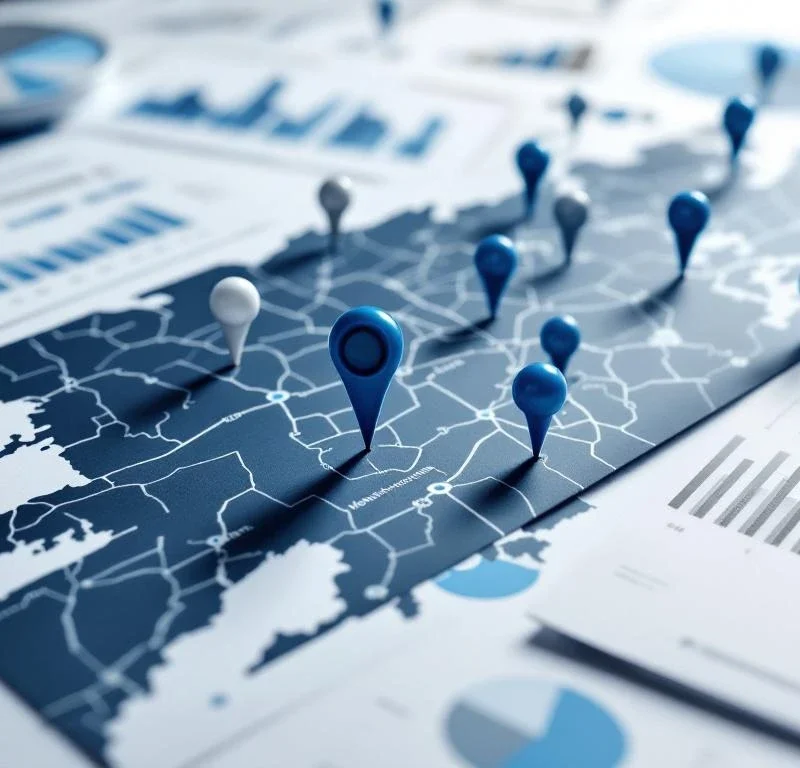 Kohdennettu markkinointistrategia: kartta sinisillä merkinnöillä, esitteitä eri demografioille ja data-analytiikan visualisointeja SSM:n värimaailmassa.