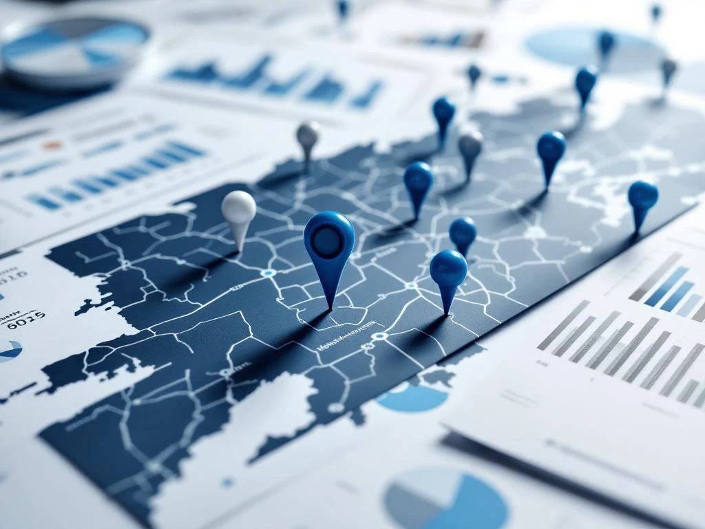 Kohdennettu markkinointistrategia: kartta sinisillä merkinnöillä, esitteitä eri demografioille ja data-analytiikan visualisointeja SSM:n värimaailmassa.
