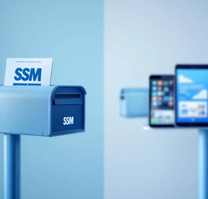 Markkinointikanavien vertailu: perinteiset siniset painetut mainokset postilaatikoissa ja modernit digitaaliset mainokset laitteissa, korostaen eri menetelmiä.