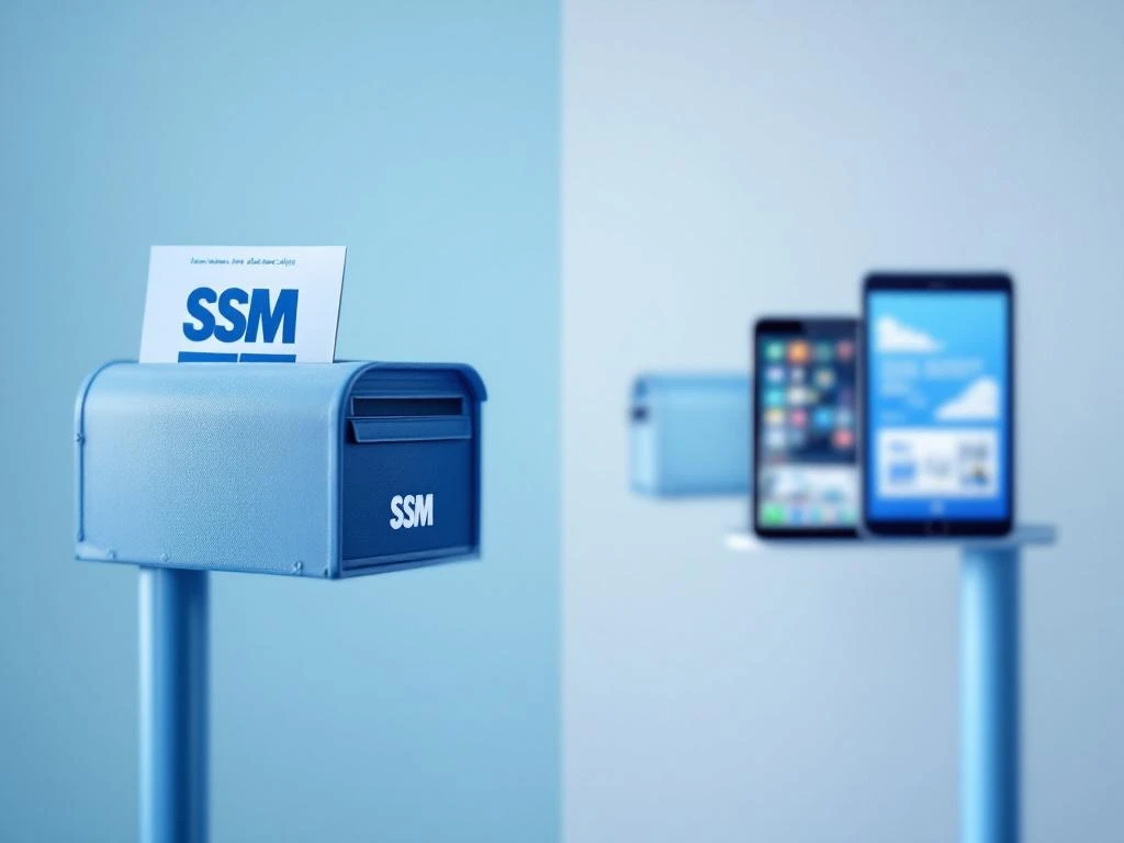 Markkinointikanavien vertailu: perinteiset siniset painetut mainokset postilaatikoissa ja modernit digitaaliset mainokset laitteissa, korostaen eri menetelmiä.