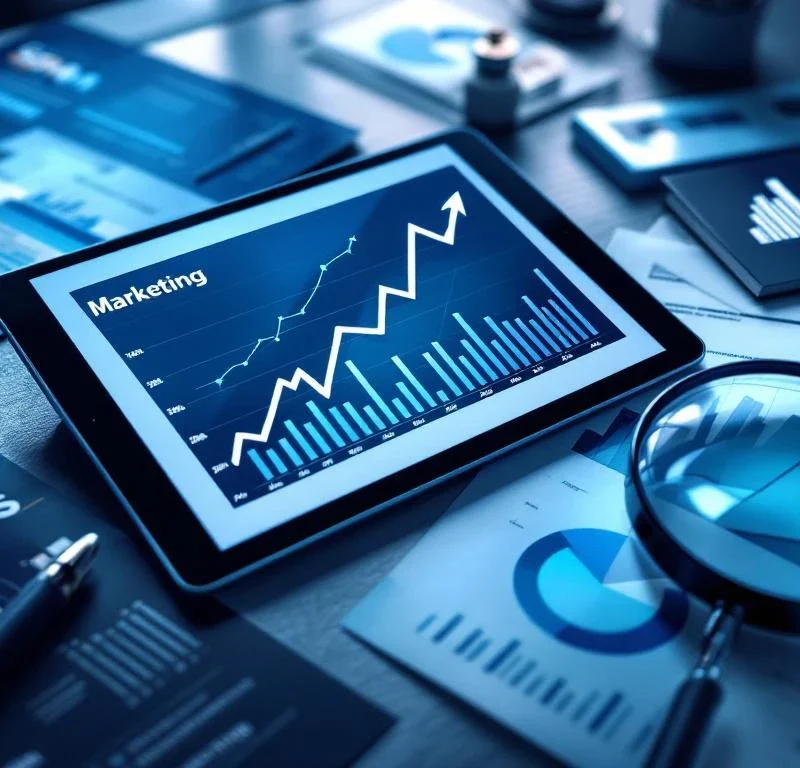 Markkinoinnin analytiikkataulu tabletilla, jossa nousevat kaaviot, ympäröitynä SSM-brändätyillä suoramarkkinointimateriaaleilla ja suurennuslasilla korostaen datavetoista mittaamista.