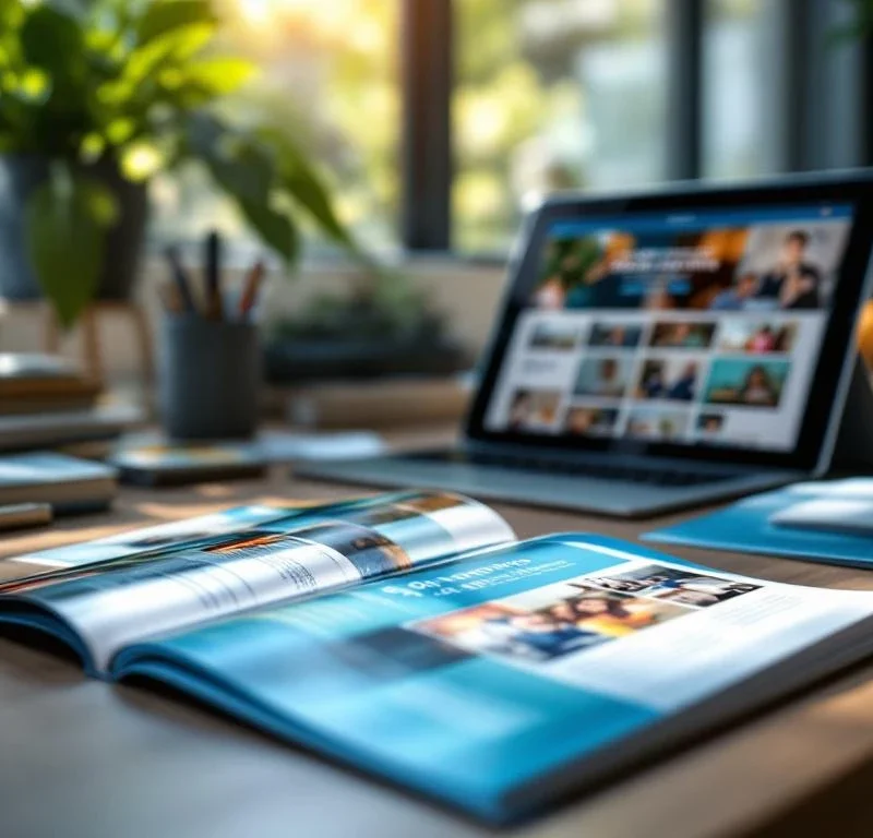 Nykyaikainen työtila, jossa SSM:n brändiväreissä oleva painettu esite ja tabletti digitaalisella markkinointikampanjalla luonnollisessa valaistuksessa.