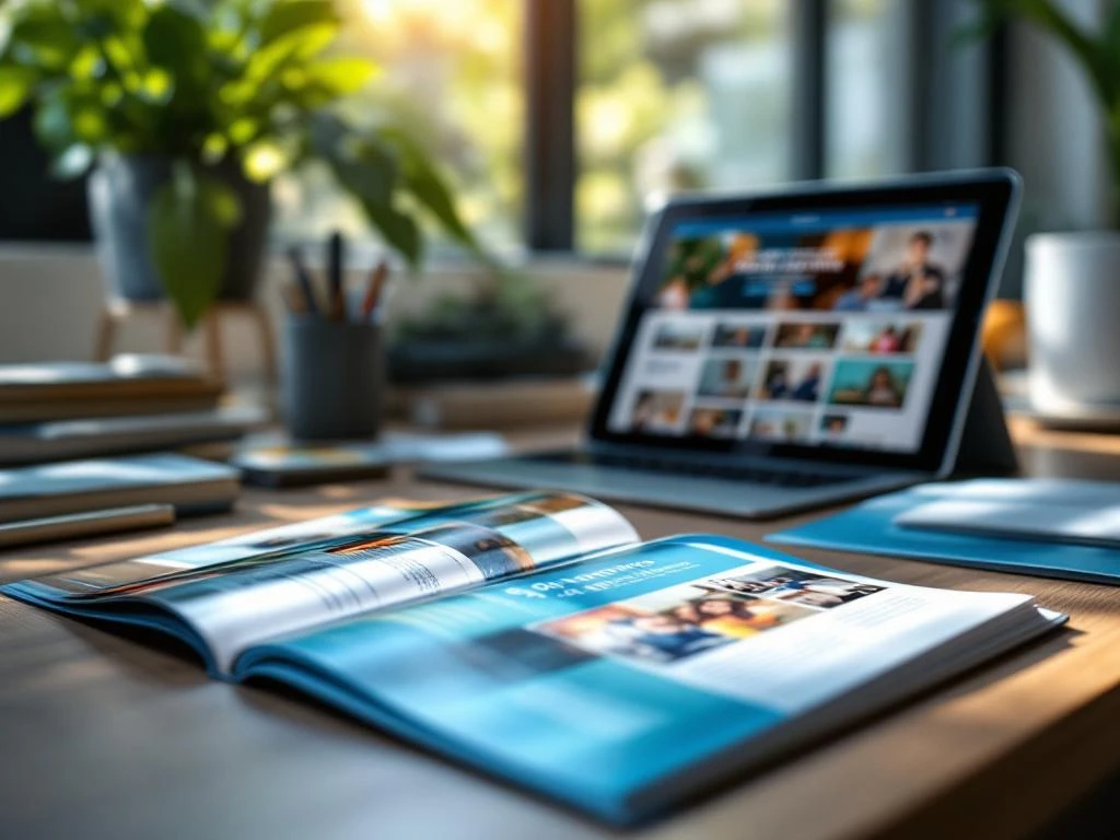 Nykyaikainen työtila, jossa SSM:n brändiväreissä oleva painettu esite ja tabletti digitaalisella markkinointikampanjalla luonnollisessa valaistuksessa.