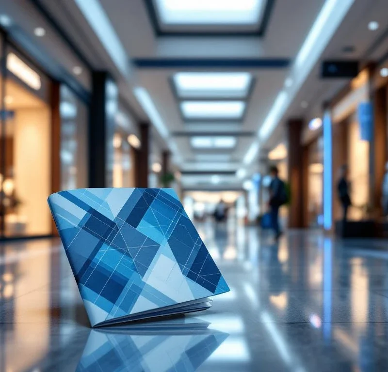 Tyylikäs ostoskeskuksen sisätila modernilla sinisellä väriteemalla, jossa esillä elegantti suoramarkkinointiesite heijastuvilla lattioilla ja ylellisiä myymälöitä taustalla.