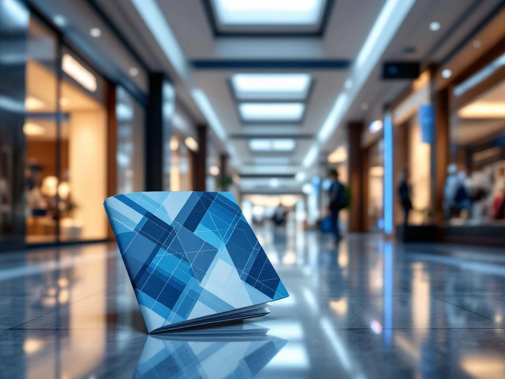 Tyylikäs ostoskeskuksen sisätila modernilla sinisellä väriteemalla, jossa esillä elegantti suoramarkkinointiesite heijastuvilla lattioilla ja ylellisiä myymälöitä taustalla.