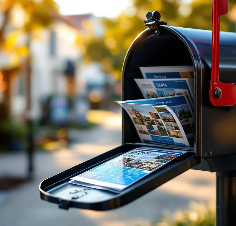 Avoin postilaatikko täynnä sinisiä SSM-suoramainoksia, taustalla paikallinen liikekatu ja kartta, jossa korostetut jakelualueet iltapäivän valossa.