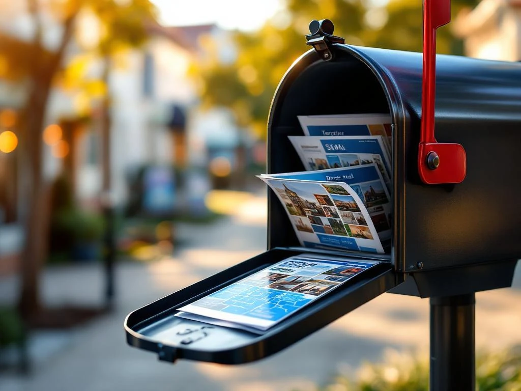 Avoin postilaatikko täynnä sinisiä SSM-suoramainoksia, taustalla paikallinen liikekatu ja kartta, jossa korostetut jakelualueet iltapäivän valossa.