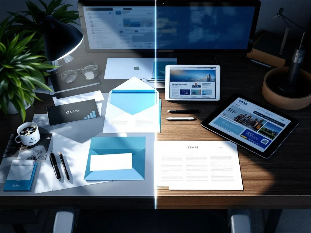 Ammattimainen työpöytä: vasemmalla perinteiset SSM-mainosmateriaalit, oikealla tabletti digitaalisilla mainoksilla. Valo korostaa tehokkaampaa suoramarkkinointia.