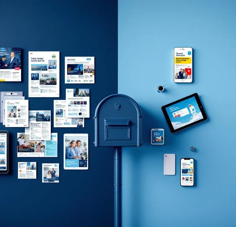 Suoramarkkinointimateriaalien vertailu: perinteiset painotuotteet ikääntyneemmille ja digitaalinen sisältö nuoremmille, postilaatikon yhdistäessä molemmat lähestymistavat SSM-brändiväreillä.