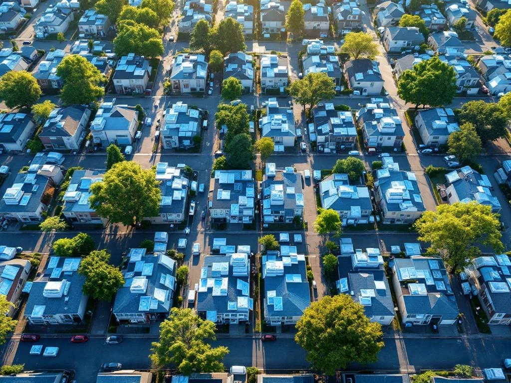 Ilmakuva postinjakelusta asuinalueella, siniset mainokset toimitetaan järjestelmällisesti jokaiseen postilaatikkoon