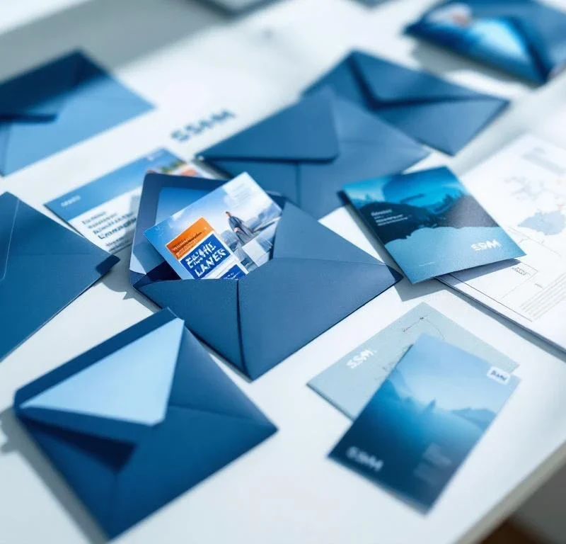 Suoramarkkinointikampanjan materiaalit SSM:n brändiväreissä: tummansinisiä kirjekuoria ja vaaleansinisiä esitteitä valkoisella pöydällä, taustalla Suomen kartta jakelureitteineen.