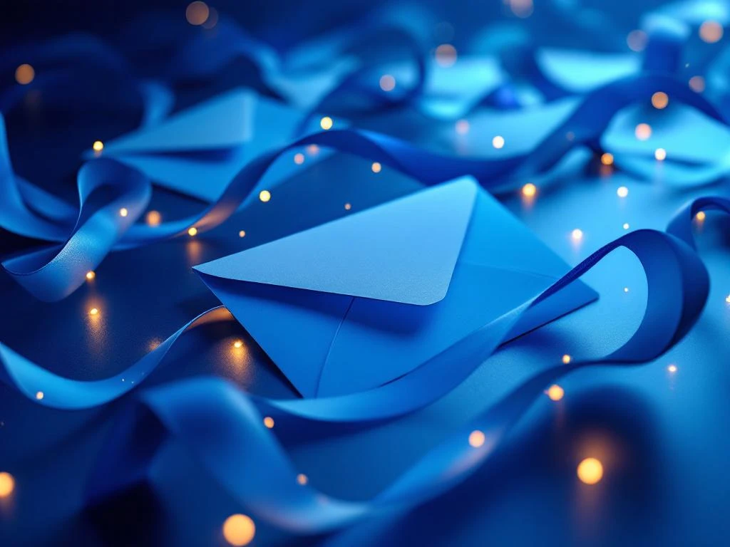 Suoramarkkinointikirjekuoria ja kiiltäviä mainosmateriaaleja sinisillä värigradienteilla ammattimaisessa valossa
```
Character count: 114