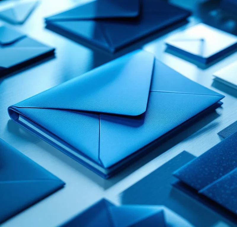 Sinisävyiset suoramarkkinointikirjekuoret ja esitteet modernilla pöydällä ilmakuvassa, dramaattinen valaistus
