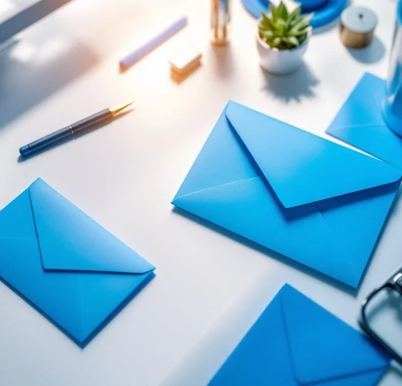 Moderni työpöytä sinisillä markkinointikirjekuorilla ja mainosmateriaaleilla, yläkuva ammattimaisella valaistuksella