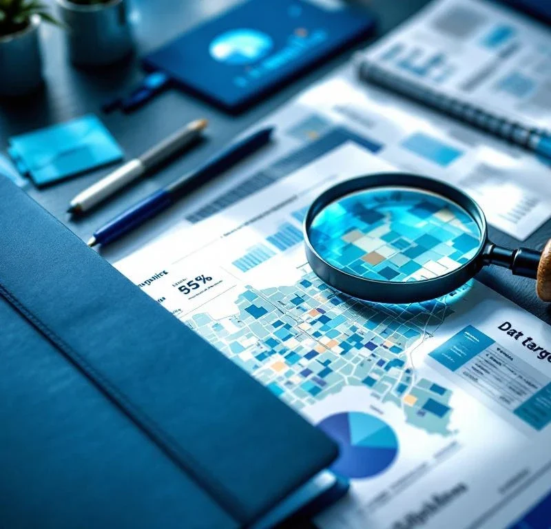 Ammattimainen työpöytä, jossa suoramarkkinointimateriaaleja, demografisia karttoja ja kohdennettuja kaavioita sinisessä väriteemassa. Suurennuslasi korostaa aluekartastoa.