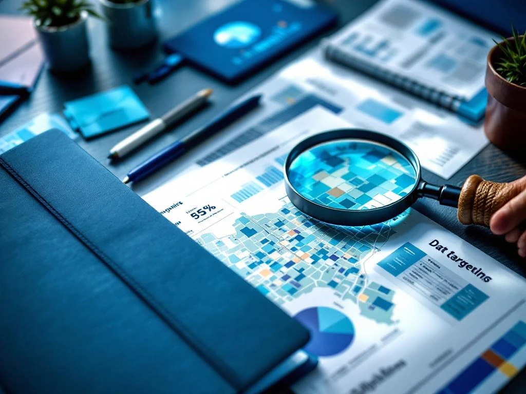 Ammattimainen työpöytä, jossa suoramarkkinointimateriaaleja, demografisia karttoja ja kohdennettuja kaavioita sinisessä väriteemassa. Suurennuslasi korostaa aluekartastoa.
