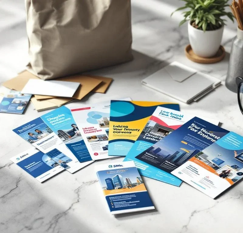 Tyylikkäitä suoramarkkinointimateriaaleja modernilla alustalla: värikkäitä esitteitä sinisen sävyissä, taustalla postilaukku ja kirjekuoria luonnollisessa valaistuksessa.