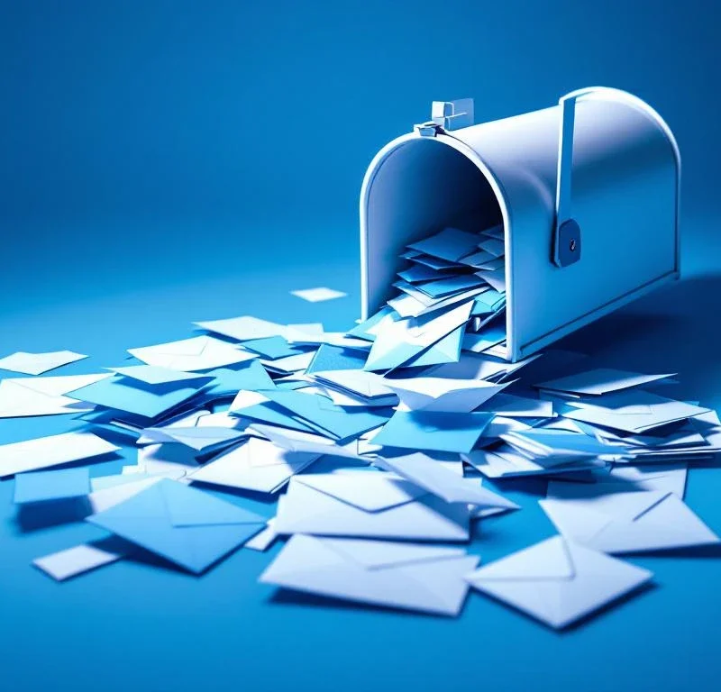 Valkoinen postilaatikko täynnä sinisiä markkinointimateriaaleja ja esitteitä linnunperspektiivistä kuvattuna