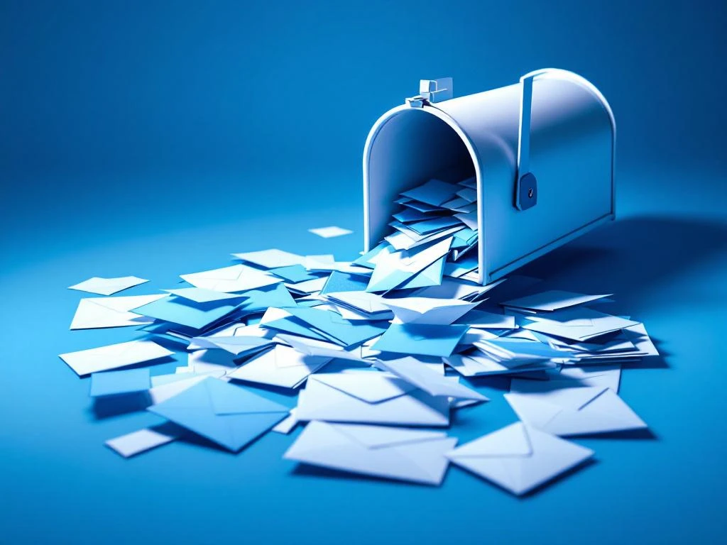 Valkoinen postilaatikko täynnä sinisiä markkinointimateriaaleja ja esitteitä linnunperspektiivistä kuvattuna