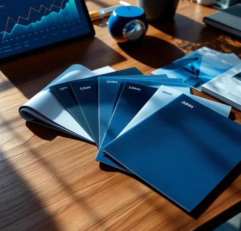 Ammattimainen työpöytä, jossa SSM:n sinisävyisiä suoramarkkinointimateriaaleja viuhkamaisesti aseteltuna ja taustalla tabletti, jossa markkinointitilastoja.