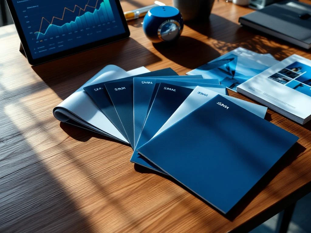 Ammattimainen työpöytä, jossa SSM:n sinisävyisiä suoramarkkinointimateriaaleja viuhkamaisesti aseteltuna ja taustalla tabletti, jossa markkinointitilastoja.