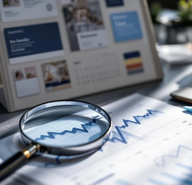 Kalenteri SSM:n sinisävyisillä markkinointimateriaaleilla tasaisesti ympäri vuoden, etualalla tasainen myyntikäyrä ilman kausivaihteluja modernilla työpöydällä.