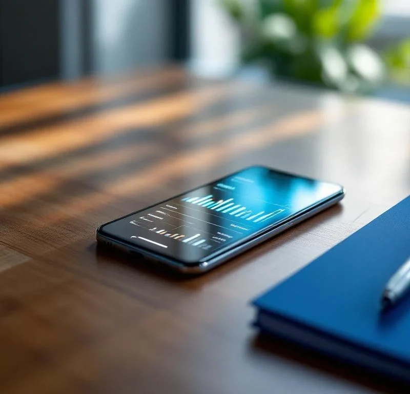 Älypuhelin näyttää analytiikkapaneelia pöydällä sinisten kansioiden ja hopean kynän vieressä luonnonvalossa