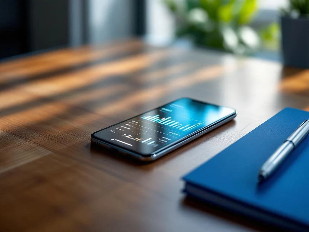 Älypuhelin näyttää analytiikkapaneelia pöydällä sinisten kansioiden ja hopean kynän vieressä luonnonvalossa