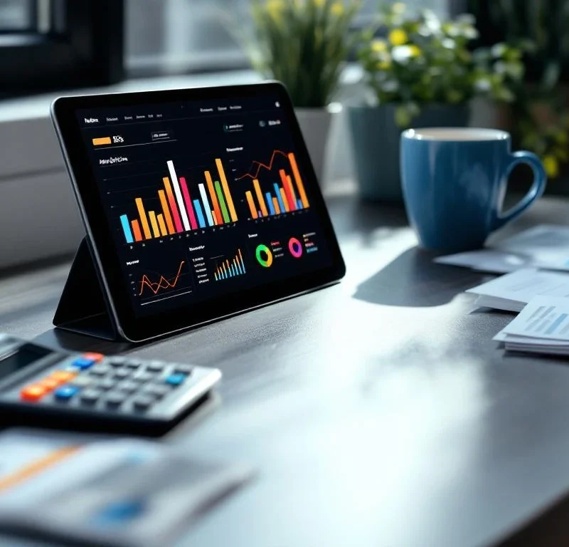 Tabletti näyttää värikkäitä analytiikkakaavioita modernilla työpöydällä, lähellä laskin ja markkinointimateriaaleja