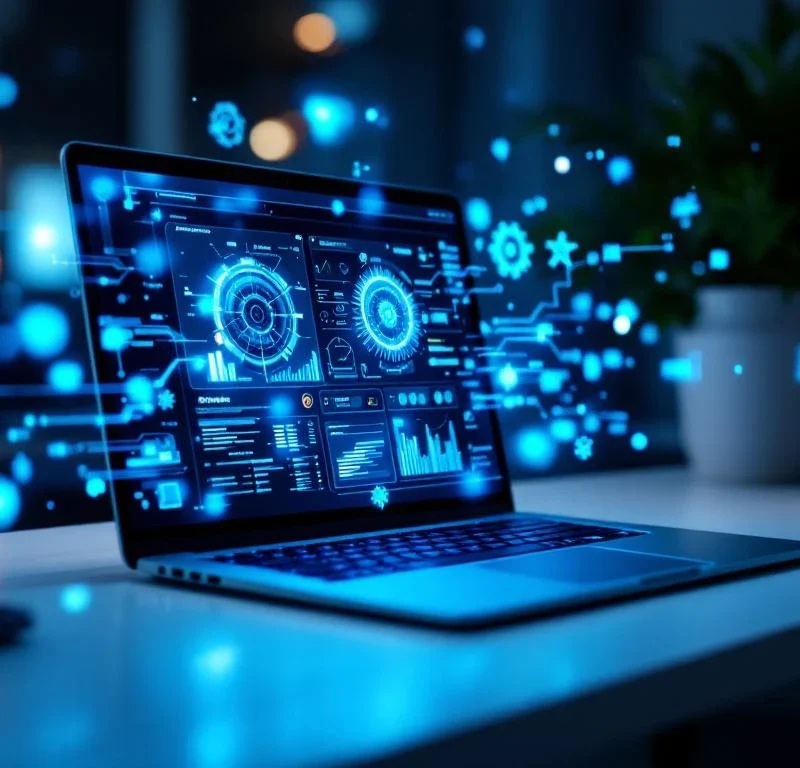 Moderni kannettava tietokone näyttää automaatiokäyttöliittymää sinisine digitaalisine elementteineen valkoisella pöydällä