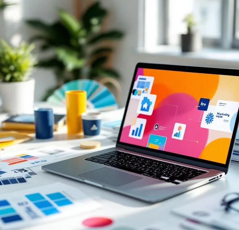 Moderni kannettava tietokone näyttää markkinointigrafiikkaa, ympärillä sinisiä värimalleja ja logoluonnoksia valkoisella pöydällä