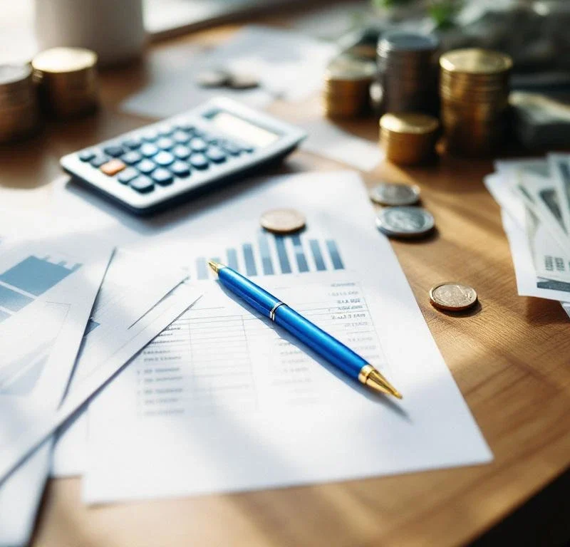 Sininen kynä putoamassa budjettilaskentataulukoiden päälle puisella työpöydällä, ympärillä kolikoita ja seteleitä