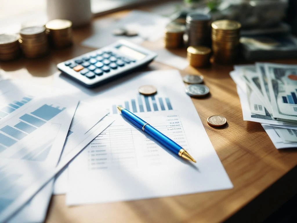 Sininen kynä putoamassa budjettilaskentataulukoiden päälle puisella työpöydällä, ympärillä kolikoita ja seteleitä