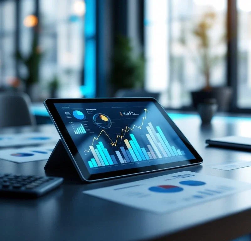 Tabletti näyttää värikkäitä suorituskykymittareita ja nousevaa dataa modernilla työpöydällä analytiikkakaavioiden keskellä