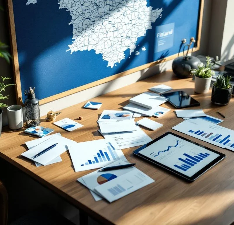 Moderni toimistopöytä, jossa on suoramarkkinointimateriaaleja, tabletti analytiikkatiedoilla ja Suomen kartta taustalla