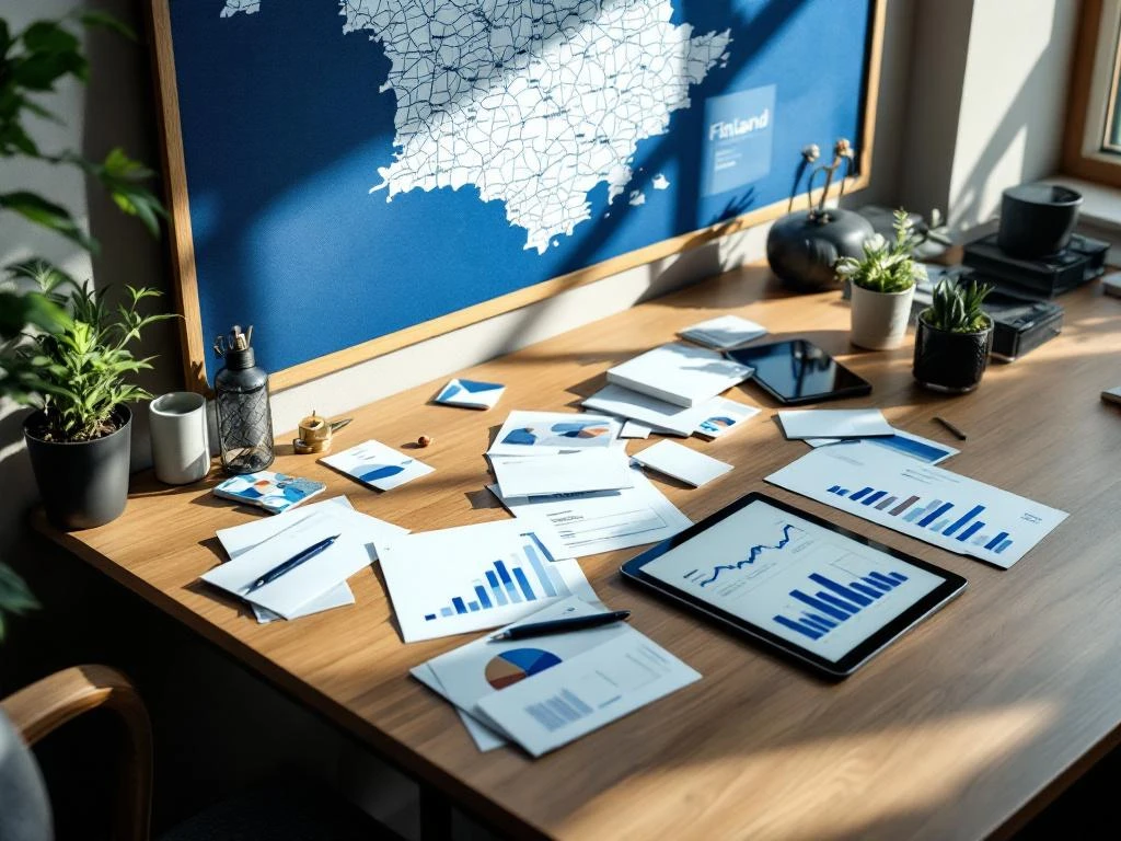 Moderni toimistopöytä, jossa on suoramarkkinointimateriaaleja, tabletti analytiikkatiedoilla ja Suomen kartta taustalla