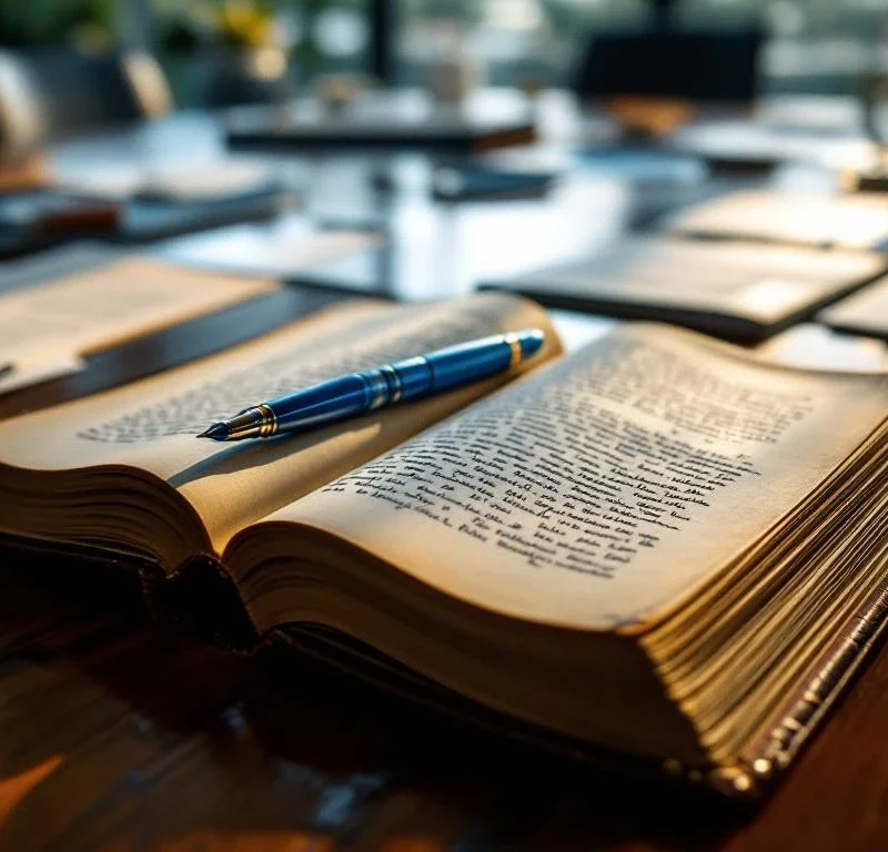 Avoin nahkakirja käsinkirjoitetuilla tarinoilla pöydällä, sininen täytekynä sivuilla, toimistoasiakirjoja ympärillä